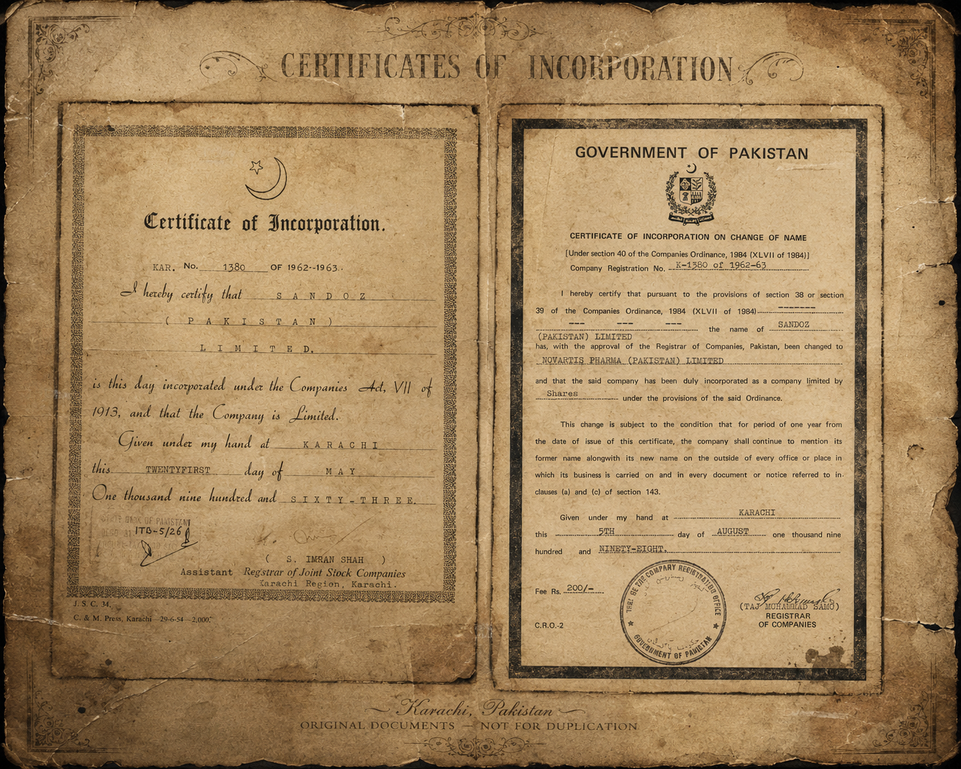 Certificate of Incorporation of Sandoz (Pakistan) Limited, 1963, and Certificate of Change of Name to Novartis Pharma (Pakistan) Limited, 1998